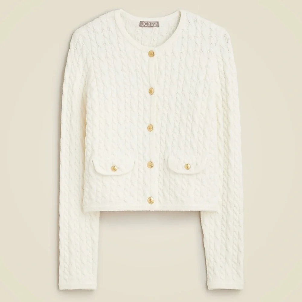 J.Crew Odette cable-knit sweater lady jacket in cotton-blend bouclé size L NWT